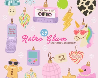 May include: A collection of 29 "Retro Glam" Christmas ornaments in various shapes and colors. Includes a cassette tape, a unicorn with heart-shaped sunglasses, a gingerbread man, a duck, and a cell phone with the text "Santa Baby Call Me".