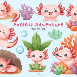 Kawaii Axolotl Adventure Clipart High-Quality PNGs illustration hand drawn- printable- invitation cute axolotl marine graphics Elements