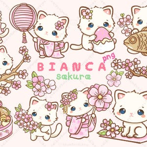 Kawaii White Cat Sakura Festival Clipart Set-20 High-Quality PNGs illustration hand drawn-pastel spring clipart,cute cat stickers,nursery