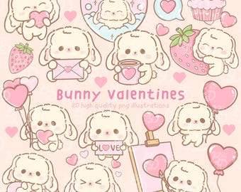 Conjunto de imágenes prediseñadas de conejitos kawaii para el Día de San Valentín (PNG)