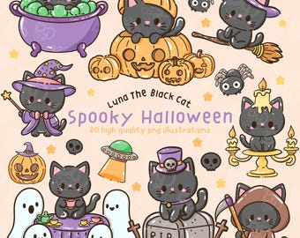 Luna the Black Cat Halloween Clipart: Witch, Ghost, Pumpkin (PNG)