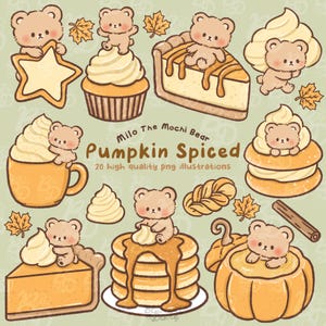 Milo Mochi Bear Pumpkin Spice Clipart: 20 illustrazioni autunnali Kawaii in formato PNG (download digitale)