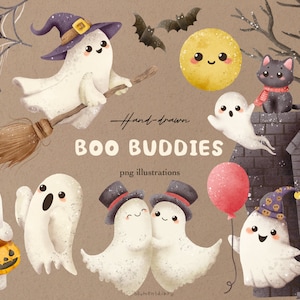 Boo Buddies - Piccoli fantasmi e amici Illustrazioni di Halloween - Illustrazione PNG di alta qualità elementi disegnati a mano - Sfondo trasparente