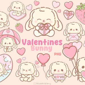 Entzückendes Kawaii Häschen Valentinstag Clipart Set - 20 hochwertige PNGs Illustration handgezeichnete Valentinstagscliparts-mit transparentem Hintergrund