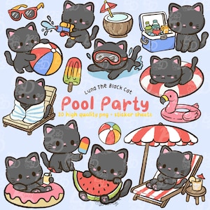 Puede incluir: Ilustración digital con gatos negros disfrutando de una fiesta en la piscina. Los gatos están representados con elementos veraniegos como una pelota de playa, helado y una rodaja de sandía. También se incluye el texto "Pool Party".
