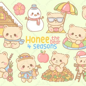 Kawaii Bär vier Jahreszeiten Clipart -20 hochwertige PNGs Illustration Hand gezeichnet niedlichen Bär, Frühling Sommer Herbst Winter -transparenten Hintergrund