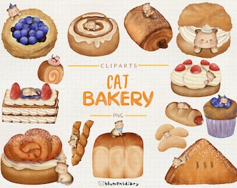 Kawaii Katze Bäckerei Aquarell Clip Art Set (PNG)