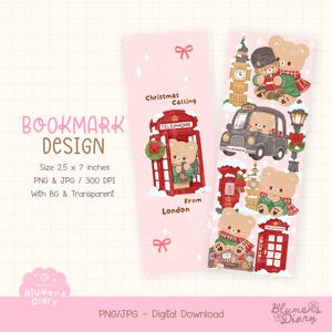 Può includere: Due design di segnalibri verticali su sfondo rosa chiaro. Uno presenta una cabina telefonica rossa con un orso all'interno e il testo Christmas Calling From London. L'altro mostra orsi con icone londinesi come il Big Ben, un taxi e una cassetta.
