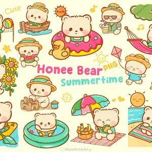 Adorabile Kawaii Bear Summertime Clipart-20 PNG di alta qualità illustrazione disegnata a mano Tropical Beach Vacation Elements-sfondo trasparente