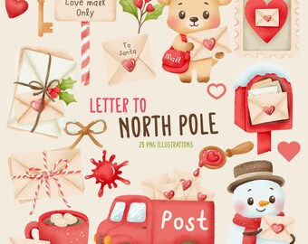 Aquarell Nordpol Brief Clipart: Santa Post, Urlaub PNG Set (Digital Download)
