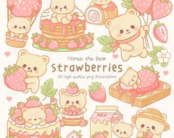 Kawaii Bear Strawberry Clipart, PNG Stickers (20 Images)