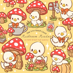May include: A charming illustration with cartoon ducks, mushrooms, and the text "The Silly Goose Louie Mushroom Meadow." The ducks wear red bows and are surrounded by red and white spotted mushrooms. The background is yellow.