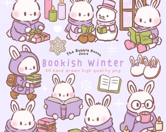 Kawaii Hase Bücherwurm Winter Clipart - gemütliches PNG Set (digitaler Download)