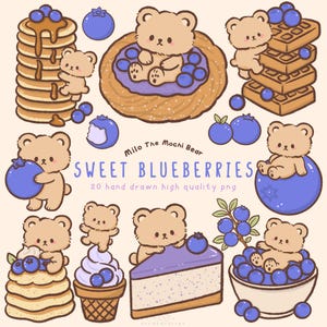 Pode incluir: Ilustração digital com ursos de desenho animado, mirtilos e sobremesas. A imagem inclui panquecas, waffles, sorvete e bolo, todos decorados com mirtilos. O texto diz "Sweet Blueberries" e "Milo The Mochi Bear".