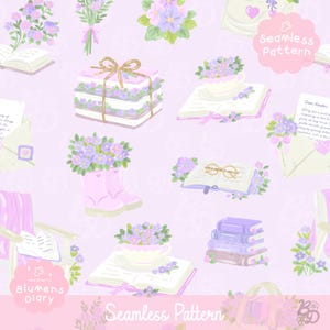Könnte beinhalten: Ein nahtloses Muster auf hellviolettem Hintergrund mit Illustrationen von Büchern, Teetassen mit violetten Blumen, rosa Gummistiefeln, Umschlägen und einer Brille. Das Design enthält den Text Seamless pattern und Blumens Diary.