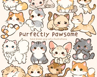 Kawaii Katzen Clipart: Handgezeichnete PNG Illustrationen (Digitaler Download)