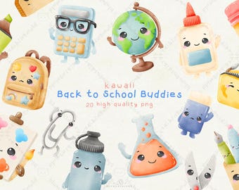 Kawaii School Supplies Clipart: Watercolor Back to School PNG Set (Digital Download)