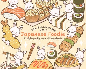 Kawaii Japanese Foodie Bunny Clipart: Sushi, Ramen, Bento PNG (Digital Download)