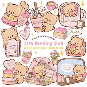 Può includere: Illustrazione digitale a tema "Cozy Reading Club", con orsetti dei cartoni animati che leggono libri e bevono caffè. L'immagine include testo come "Organized Chaos". La tavolozza dei colori è rosa tenue, marrone e bianco.