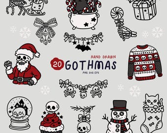 Hand Drawn Goth Christmas Clipart | Skull, Ghost (PNG, SVG, EPS)