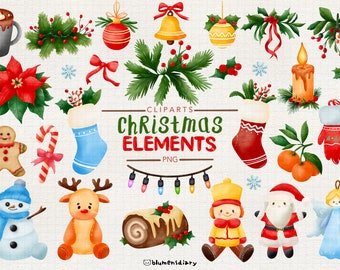 Ensemble de cliparts d'éléments festifs de Noël | PNG de haute qualité | Clipart Noël, décoration, invitation, cartes de voeux, cliparts de vacances