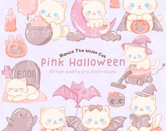 Kawaii Cat Pink Halloween Clipart: Hand-Drawn PNGs (Digital Download)