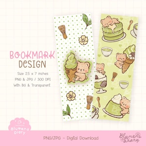 Op de afbeelding: Twee geïllustreerde bladwijzers met een matcha-thema. Eén toont een beer die een ijsje omhelst, de andere heeft beren met matcha-desserts. De tekst "BOOKMARK DESIGN" staat bovenaan. Elke bladwijzer is 6,35 cm x 17,78 cm groot.
