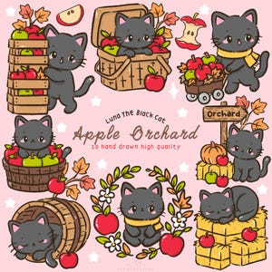 Pode incluir: Ilustração digital de um gato preto num pomar de maçãs. A imagem inclui maçãs, fardos de feno e uma carroça de madeira. O texto "Luna The Black Cat Apple Orchard" também está presente. O tema é outono.