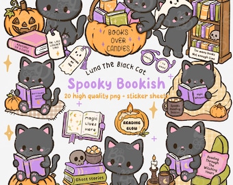 Imágenes prediseñadas de gato negro espeluznante: Lectura de Halloween PNG, Libros de brujas, Amante del otoño (Descarga digital)