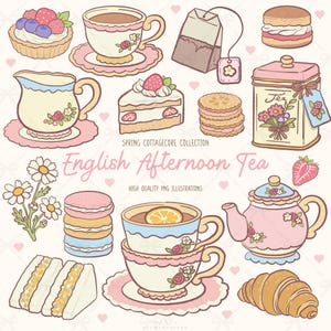 May include: An illustration of an English afternoon tea set, featuring a teapot, teacups, pastries, and a tea tin. The design includes floral and pastel elements, with the text "English Afternoon Tea" and "Spring Cottagecore Collection".