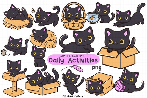 Kawaii Black Cat Clipart Set: Luna Illustration (PNG)