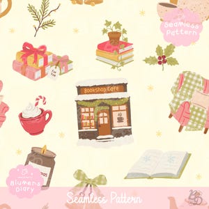 Könnte beinhalten: Ein nahtloses Muster mit winterlichen und buchbezogenen Illustrationen auf hellcremefarbenem Hintergrund. Zu sehen sind ein verschneites Buchcafé, Bücherstapel mit einer Pflanze, verpackte Geschenke, eine rote Tasse mit Kakao, eine Kerze und ein karierter Sessel.