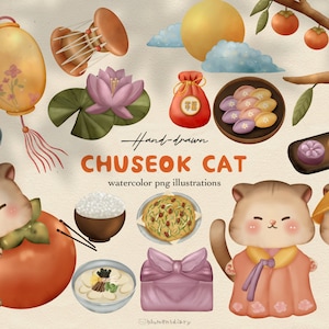 Charmante Aquarell Katze Chuseok Charakter Clip Art Set | 20 hochwertige PNGs | Niedliche, Kawaii und koreanische Thanksgiving-Elemente