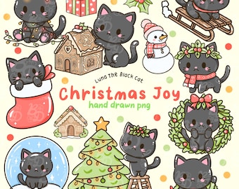 Clipartset Kawaii kerst zwarte kat – feestelijke png-afbeeldingen