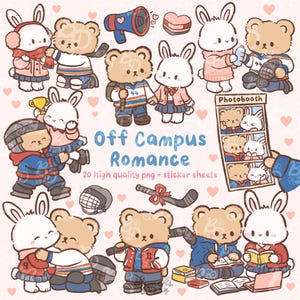 May include: A set of charming cartoon illustrations of bears and rabbits in romantic and university-themed scenarios. The words "Off Campus Romance" are visible, alongside text stating 20 high-quality PNG and sticker sheets.
