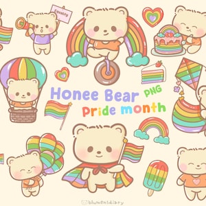 Adorable Kawaii Bear Pride Month Clipart Set  - 20 High-Quality PNGs illustration hand drawn Adorable LGBTQ Rainbow -transparent background