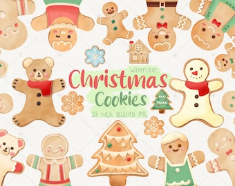 水彩画風クリスマス クッキー クリップアート：手描きイラスト（デジタルダウンロード）