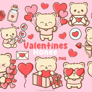 Adorabile orso Kawaii Set di clipart per San Valentino - 20 illustrazioni PNG di alta qualità disegnate a mano clipart di San Valentino - sfondo trasparente