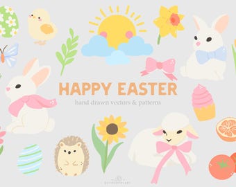 Hand-Drawn Easter Clipart: Bunny, Eggs, Flowers (PNG, SVG)