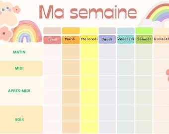 May include: A colorful weekly planner with a rainbow and cloud design. The planner is divided into days of the week, with sections for morning, noon, afternoon, and evening.
