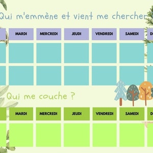 May include: A printable chart with a light green background and a fox and hedgehog illustration. The chart is divided into two sections, one for "Who takes me?" and the other for "Who puts me to bed?" Each section has a grid with days of the week: Monday, Tuesday, Wednesday, Thursday, Friday, Saturday, and Sunday.