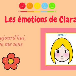 Puede incluir: Una flor rosa y amarilla con un centro rojo. El texto "Aujourd'hui, je me sens" está escrito en negro. Una cara de dibujos animados con mejillas rojas y una expresión triste está en un marco rosa con la palabra "TIMIDE" escrita encima. La cara está rodeada de un marco amarillo.