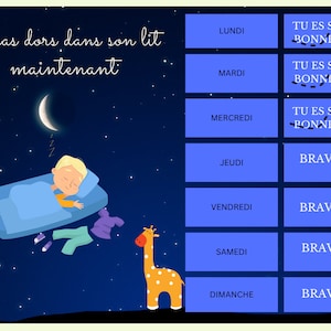 Puede incluir: Una ilustración azul y amarilla de un niño durmiendo en la cama con una luna creciente y estrellas en el cielo nocturno. El texto "Lucas dors dans son lit maintenant" está escrito en francés en la parte superior de la imagen.