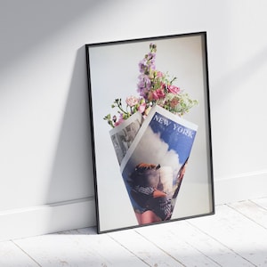 Póster de ramo de flores de Nueva York / Arte mural de flores de la ciudad de Nueva York / Impresión de ramo de flores de colores / Empire State Building / Estética rosa de moda