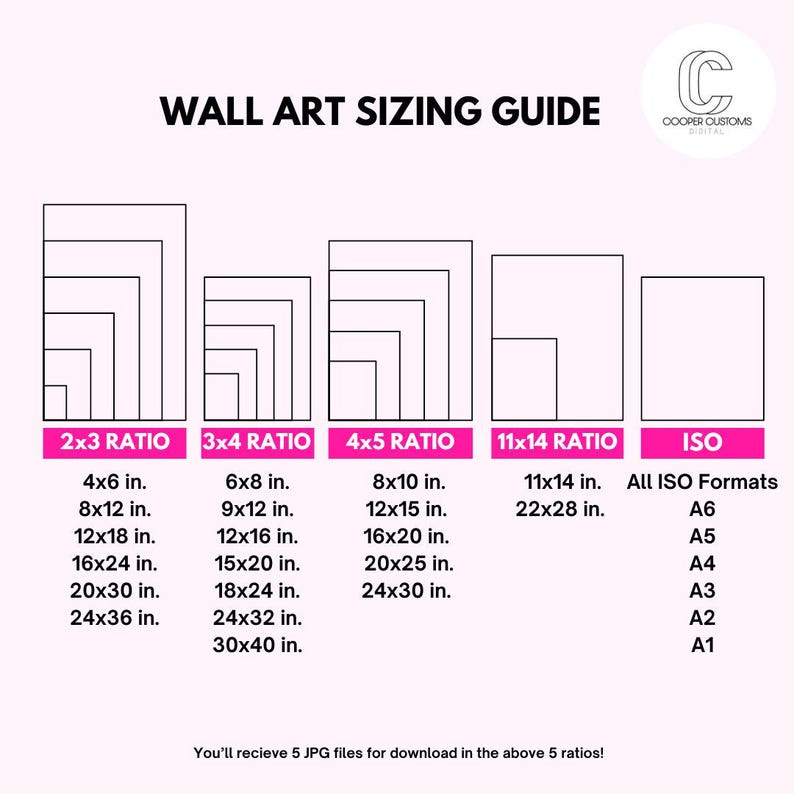 May include: A chart showing different aspect ratios for wall art prints. The chart shows the dimensions in inches for each ratio, including 2x3, 3x4, 4x5, 11x14, and ISO formats. The chart also includes the text "WALL ART SIZING GUIDE" and "You'll recieve 5 JPG files for download in the above 5 ratios!"