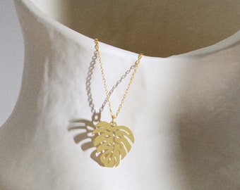 Collier feuille de Monstera en or 14 carats, pendentif feuille, bijoux Monstera pour femme, collier feuille tropicale en or, collier Monstera, bijoux d'été