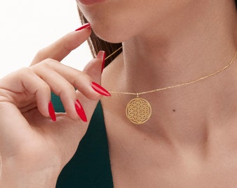 14K Gold Flower of Life Necklace, Sacred Geometry Necklace, Flower of Life Pendant, Yoga Necklace, Simple Gold Necklace for Women,