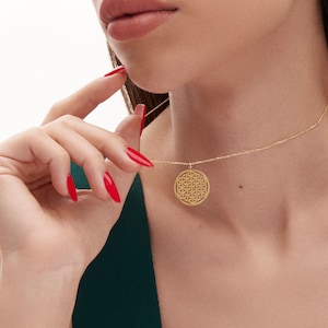 14K Gold Flower of Life Ketting, Heilige Geometrie Ketting, Flower of Life Hanger, Yoga Ketting, Eenvoudige Gouden Ketting voor vrouwen,