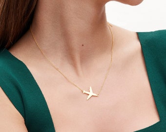 14K Sideways Airplane Necklace, Airplane Pendant, Travel Necklace, Travel Lover Gift, Gold Plane Necklace, Airplane Charm, Plane Pendant