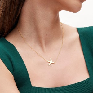 14K Sideways Airplane Necklace, Airplane Pendant, Travel Necklace, Travel Lover Gift, Gold Plane Necklace, Airplane Charm, Plane Pendant